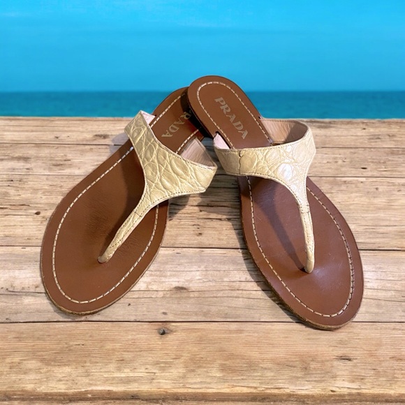 Prada alligator thong sandals cream pink brown - Picture 1 of 9